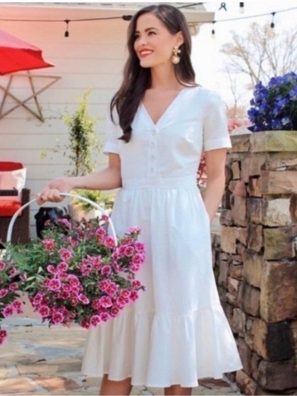 Gal Meets Glam Angela Linen dress White V-Neck Button Midi Dress with Ruffle Hem